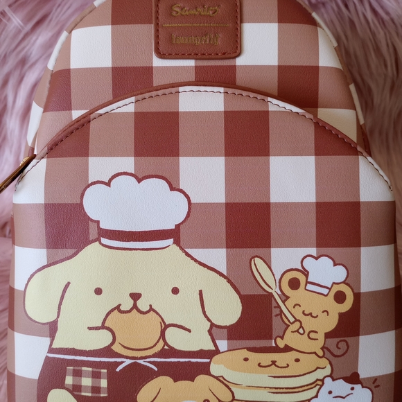 Sanrio Pompompurin Gingham Mini Backpack - Brown & White with Pancake Graphic - Picture 5 of 8